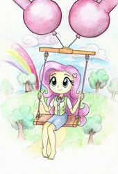 Size: 669x982 | Tagged: safe, artist:astevenamedwolf, fluttershy, human, equestria girls, g4, animal crossing, balloon, barefoot, clothes, cloud, cute, feet, female, isabelle, rainbow, shirt, shyabetes, sitting, skirt, sky, smiling, solo, traditional art, tree, younger