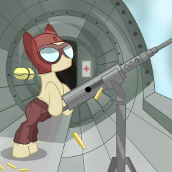 Size: 1699x1699 | Tagged: safe, artist:pizzamovies, derpibooru exclusive, oc, oc:pizzamovies, pony, .50 cal, aircraft, animated, b-17 flying fortress, bomber, clothes, gif, goggles, gun, gunner, muzzle flash, plane, shooting, solo, weapon, window, world war ii
