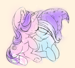 Size: 1057x951 | Tagged: safe, artist:miniaru, starlight glimmer, trixie, pony, unicorn, g4, clothes, duo, eyes closed, female, hat, ship:startrix, sitting, trixie's hat