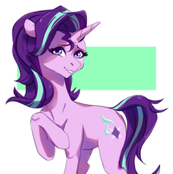 Size: 938x944 | Tagged: safe, artist:komandorpush, starlight glimmer, pony, unicorn, g4, abstract background, female, looking at you, mare, raised hoof, smiling, solo