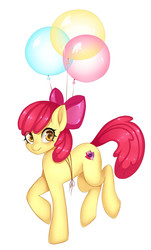 Size: 604x1000 | Tagged: safe, artist:pink-pinktooth, apple bloom, earth pony, pony, g4, adorabloom, balloon, cartoon physics, cute, cutie mark, female, filly, floating, looking at you, raised leg, simple background, smiling, solo, the cmc's cutie marks, white background