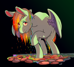 Size: 3140x2843 | Tagged: safe, artist:docwario, artist:xiao668, rainbow dash, pegasus, pony, g4, aside glance, black background, color loss, discolored, drain, female, high res, looking at you, partially open wings, raised hoof, sad, simple background, solo, standing, stone, water, wings