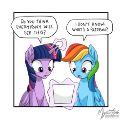 Size: 1447x1447 | Tagged: safe, artist:mysticalpha, rainbow dash, twilight sparkle, alicorn, pegasus, pony, g4, dialogue, duo, duo female, female, magic, mare, open mouth, paper, patreon, reading, signature, sitting, speech bubble, talking, twilight sparkle (alicorn)