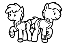Size: 225x150 | Tagged: safe, artist:crazyperson, earth pony, pony, fallout equestria, fallout equestria: commonwealth, black and white, clothes, duo, fanfic, fanfic art, female, generic pony, grayscale, hooves, jumpsuit, male, mare, monochrome, picture for breezies, pipbuck, raised hoof, simple background, stallion, transparent background, vault suit