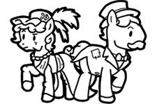Size: 225x150 | Tagged: safe, artist:crazyperson, earth pony, pony, fallout equestria, fallout equestria: commonwealth, black and white, clothes, diamond city, dress, duo, facial hair, fanfic art, female, grayscale, hat, male, mare, monochrome, moustache, noble, picture for breezies, simple background, stallion, top hat, transparent background