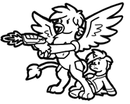 Size: 188x150 | Tagged: safe, artist:crazyperson, oc, oc only, oc:valkyrie bloodtail, griffon, pony, unicorn, fallout equestria, fallout equestria: commonwealth, black and white, clothes, duo, fanfic art, generic pony, grayscale, griffon oc, gun, handgun, jumpsuit, monochrome, picture for breezies, pistol, simple background, spread wings, transparent background, vault suit, wings