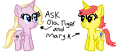 Size: 862x360 | Tagged: safe, artist:nightshadowmlp, oc, oc only, oc:game point, oc:ola tiger, alicorn, unicorn, ask ola tiger and mary k, alicorn oc, ms paint, paint 3d, smiling, text