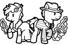 Size: 225x150 | Tagged: safe, artist:crazyperson, pony, unicorn, fallout equestria, fallout equestria: commonwealth, black and white, clothes, dress, fanfic art, fedora, female, gangster, grayscale, hat, knife, magic, magic aura, male, mare, monochrome, picture for breezies, pinstripes, simple background, stallion, telekinesis, tommy gun, transparent background