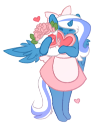 Size: 463x560 | Tagged: safe, artist:spaceasylum, oc, oc:fleurbelle, alicorn, anthro, adorabelle, adorable face, alicorn oc, apron, bow, card, clothes, cute, dress, eyes closed, female, flower, hair bow, heart, hearts and hooves day, holiday, long hair, long mane, long tail, mare, pink clothing, ribbon, spread wings, sweet, valentine, valentine's day, valentine's day card, wings