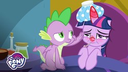 Size: 1280x720 | Tagged: safe, screencap, spike, twilight sparkle, alicorn, dragon, pony, ail-icorn, g4, spoiler:interseason shorts, bed, caring for the sick, curled toes, floppy ears, horn, ice, ice pack, my little pony logo, red horn, red nosed, sick, sicklight sparkle, swelling, swollen horn, twilight sparkle (alicorn), winged spike, wings, youtube thumbnail