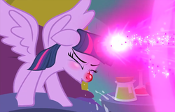 Size: 1120x720 | Tagged: safe, screencap, twilight sparkle, alicorn, pony, ail-icorn, g4, interseason shorts, bed, blast, eyes closed, horn, magic, magic blast, red horn, red nosed, sick, sicklight sparkle, sneeze cloud, sneezing, spray, spread wings, twilight sparkle (alicorn), wings