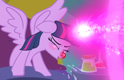 Size: 1120x720 | Tagged: safe, screencap, twilight sparkle, alicorn, pony, ail-icorn, g4, interseason shorts, bed, blast, blushing, eyes closed, horn, magic, magic blast, red horn, red nosed, sick, sicklight sparkle, sneeze cloud, sneezing, spray, spread wings, twilight sparkle (alicorn), wings