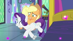 Size: 1280x720 | Tagged: safe, screencap, applejack, rarity, earth pony, pony, unicorn, ail-icorn, g4, interseason shorts, bed, book, bookshelf, duo, female, mare, mirror, rariskate, telescope, twilight's bedroom