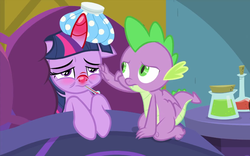 Size: 1154x720 | Tagged: safe, screencap, spike, twilight sparkle, alicorn, dragon, pony, ail-icorn, g4, interseason shorts, bed, blushing, caring for the sick, claws, curled toes, female, horn, male, mare, red horn, red nosed, swollen horn, tail, twilight sparkle (alicorn), winged spike, wings