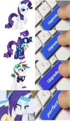 Size: 640x1114 | Tagged: safe, artist:fluttershyisnot adoormat, editor:fluttershyisnot adoormat, bon bon, radiance, rarity, sweetie drops, earth pony, pony, g4, alternate hairstyle, clothes, disguise, exploitable meme, keyboard, meme, plainity, power ponies, punk, raripunk, upgrade, upgrade meme