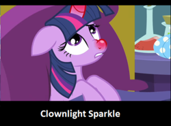 Size: 449x332 | Tagged: safe, artist:fluttershyisnot adoormat, edit, edited screencap, screencap, twilight sparkle, alicorn, pony, ail-icorn, g4, interseason shorts, bed, female, floppy ears, horn, implied clown, meme, red horn, red nosed, sick, sicklight sparkle, solo, swollen horn, twilight sparkle (alicorn)