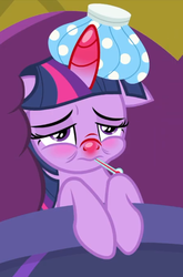 Size: 457x691 | Tagged: safe, screencap, twilight sparkle, alicorn, pony, ail-icorn, g4, interseason shorts, backwards thermometer, bed, cropped, female, horn, mare, red horn, red nosed, sick, sicklight sparkle, solo, swollen horn, thermometer, twilight sparkle (alicorn)