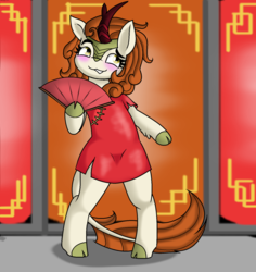 Size: 1516x1608 | Tagged: safe, artist:pencil bolt, autumn blaze, kirin, g4, sounds of silence, bipedal, blushing, cheongsam, chinese, chinese new year, clothes, cloven hooves, colored hooves, fan, female, folding fan, solo, standing