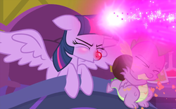 Size: 1152x720 | Tagged: safe, screencap, spike, twilight sparkle, alicorn, dragon, pony, ail-icorn, g4, spoiler:interseason shorts, bed, blast, bowl, duo, eyes closed, female, magic, magic blast, red nosed, sick, sicklight sparkle, sneeze cloud, sneezing, spread wings, twilight sparkle (alicorn), winged spike, wings
