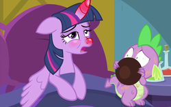 Size: 1148x720 | Tagged: safe, screencap, spike, twilight sparkle, alicorn, dragon, pony, ail-icorn, g4, interseason shorts, bed, bowl, claws, female, horn, horn allergy, male, mare, red horn, red nosed, sick, sicklight sparkle, twilight sparkle (alicorn), winged spike, wings
