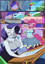 Size: 6071x8598 | Tagged: safe, artist:vale-city, pinkie pie, rarity, anthro, comic:twilight's potion, g4, absurd resolution, armpits, breasts, busty rarity, carousel boutique, chubby, clothes, coffee, cup, drinking, eyes closed, midriff, open mouth, pantyhose, skirt, stomach noise
