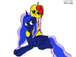 Size: 2250x1688 | Tagged: safe, artist:terminalhash, princess luna, oc, oc:rouzfirecarrot, pony, g4, biting, ear bite