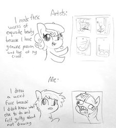 Size: 1384x1534 | Tagged: safe, artist:tjpones, twilight sparkle, oc, oc:tjpones, earth pony, pony, g4, art, artist, black and white, bust, chest fluff, comic, dialogue, drawing, ear fluff, ear piercing, faic, grayscale, lineart, monochrome, piercing, relatable, self deprecation, simple background, traditional art
