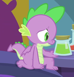 Size: 579x603 | Tagged: safe, screencap, spike, dragon, ail-icorn, g4, spoiler:interseason shorts, bed, claws, cropped, curled toes, male, potion, tail, winged spike, wings