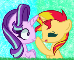 Size: 525x427 | Tagged: safe, artist:candy-adoptbases, artist:liya04, starlight glimmer, sunset shimmer, pony, unicorn, g4, base used, boop, cute, eyes closed, female, glimmerbetes, lesbian, mare, open mouth, raised hoof, shimmerbetes, ship:shimmerglimmer, shipping