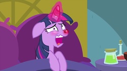 Size: 1280x720 | Tagged: safe, screencap, twilight sparkle, alicorn, pony, ail-icorn, g4, spoiler:interseason shorts, bed, female, horn, mare, pre sneeze, red nosed, sicklight sparkle, swollen horn, twilight sparkle (alicorn)