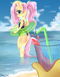 Size: 2500x3200 | Tagged: safe, artist:labglab, discord, fluttershy, pegasus, anthro, unguligrade anthro, rcf community, g4, alternate hairstyle, beach, clothes, female, high res, inflatable, inner tube, long hair, looking at you, looking back, looking back at you, male, mare, one-piece swimsuit, open-back swimsuit, ponytail, ship:discoshy, shipping, straight, summer, swimsuit, water