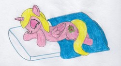Size: 2230x1218 | Tagged: safe, artist:dreamvirusomega, oc, oc only, oc:kitty cat, alicorn, pony, alicorn oc, bed, eyes closed, female, folded wings, mare, sleeping, smiling, solo, traditional art, wings