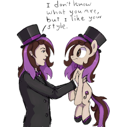 Size: 1798x1856 | Tagged: safe, artist:thebowtieone, oc, oc:bowtie, human, pony, bowtie, clothes, female, hat, holding a pony, human female, human ponidox, humanized, mare, self ponidox, simple background, suit, top hat, white background