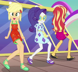Size: 826x765 | Tagged: safe, screencap, applejack, rarity, sunset shimmer, equestria girls, equestria girls series, g4, i'm on a yacht, spoiler:eqg series (season 2), clothes, cropped, crossed legs, cruise ship, dancing, dress, female, geode of empathy, geode of fauna, geode of shielding, geode of sugar bombs, geode of super speed, geode of super strength, geode of telekinesis, legs, looking at you, magical geodes, sandals, shoes, sunglasses, toes, trio, trio female, yacht