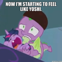 Size: 600x597 | Tagged: safe, edit, edited screencap, screencap, spike, twilight sparkle, alicorn, dragon, pony, yoshi, ail-icorn, g4, interseason shorts, age regression, baby, baby pony, babylight sparkle, bed, meme, memeful.com, super mario bros., twilight sparkle (alicorn), winged spike, wings, yoshi's island, younger