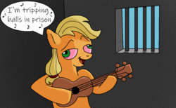 Size: 750x461 | Tagged: safe, artist:ah96, applejack, earth pony, pony, g4, derp, female, folsom prison blues, guitar, hatless, high, johnny cash, mare, missing accessory, mondegreen, open mouth, prison, singing, solo, song reference, speech bubble