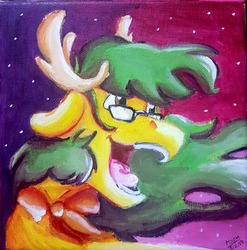 Size: 2292x2324 | Tagged: safe, artist:euspuche, oc, oc:ananá, deer, deer pony, original species, acrylic painting, glasses, high res, night, raba-pony, singing, smiling, traditional art