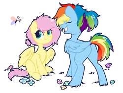 Size: 1600x1200 | Tagged: safe, artist:kebchach, fluttershy, rainbow dash, butterfly, pegasus, pony, g4, cute, dashabetes, female, shyabetes, simple background, smiling, younger