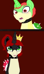 Size: 1210x2047 | Tagged: safe, artist:volcanicdash, pony, barely pony related, blushing, bowser, bowsette, crown, dialogue, fangs, headcanon, jewelry, koopa shell, male, ponified, regalia, royalty, story included, toadette