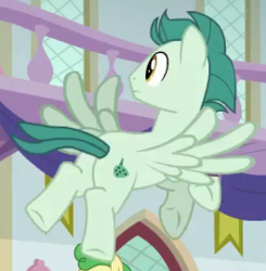 Size: 265x270 | Tagged: safe, screencap, ocarina green, pegasus, pony, a matter of principals, g4, background pony, butt, cropped, flying, friendship student, male, plot, solo, stallion