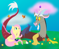 Size: 1200x1000 | Tagged: safe, artist:enigmadoodles, discord, fluttershy, butterfly, draconequus, pegasus, pony, g4, apple, butterfly on nose, candy apple, covering mouth, cute, discute, female, flower, folded wings, food, friendshipping, grass, insect on nose, looking at something, male, mare, outdoors, prone, shyabetes, sitting, smiling, wings