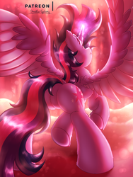 Size: 2250x3000 | Tagged: safe, artist:shad0w-galaxy, twilight sparkle, alicorn, pony, g4, ear fluff, female, fire, high res, horn, lava, magic, mare, patreon, patreon logo, patreon preview, preview, solo, spread wings, twilight sparkle (alicorn), underhoof, wings