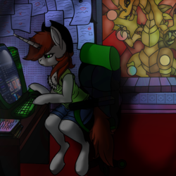 Size: 1563x1563 | Tagged: safe, artist:brainiac, oc, oc only, oc:littlepip, oc:mister topaz, dragon, pony, unicorn, derpibooru, fallout equestria, chair, chest fluff, clothes, computer, cowboy hat, desperado hat, fanfic, fanfic art, female, hat, hooves, horn, mare, meta, office chair, sitting, solo, stained glass, teaser