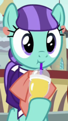 Size: 345x615 | Tagged: safe, screencap, mixed berry, earth pony, pony, g4, the parent map, drink, drinking straw, ear piercing, earring, female, hoof hold, jewelry, mare, piercing, smiling, solo