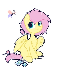 Size: 894x1117 | Tagged: safe, artist:kebchach, fluttershy, butterfly, pegasus, pony, g4, cute, female, looking at you, shyabetes, simple background, sitting, solo, three quarter view, wings, younger