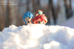 Size: 6000x4000 | Tagged: safe, artist:artofmagicpoland, flash sentry, sunset shimmer, equestria girls, g4, doll, equestria girls minis, eqventures of the minis, female, male, pun, ship:flashimmer, shipping, snow, soon, straight, toy