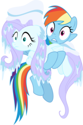 Size: 3500x5276 | Tagged: safe, artist:aeonkrow, fluttershy, rainbow dash, pony, ail-icorn, g4, spoiler:interseason shorts, absurd resolution, carrying, duo, female, fluttercold, flying, frozen, holding a pony, ice, icicle, mare, simple background, snow, stare, transparent background, vector