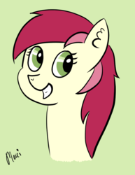 Size: 670x869 | Tagged: safe, artist:marcibel, roseluck, earth pony, pony, g4, bust, ear fluff, female, green background, looking back, mare, open mouth, signature, simple background, smiling, solo