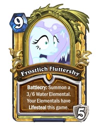 Size: 720x960 | Tagged: safe, screencap, fluttershy, pony, ail-icorn, g4, interseason shorts, card, fluttercold, freezing, hearthstone, jaina proudmoore, shivering, shrunken pupils, snow, warcraft