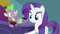 Size: 678x382 | Tagged: safe, screencap, rarity, spike, dragon, pony, ail-icorn, g4, interseason shorts, animated, bed, body horror, duo, gif, male, rariskate, winged spike, wings